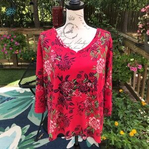 Pioneer Woman Red Floral Print V-neck 3/4 Sleeve Pullover Top Blouse Size XL